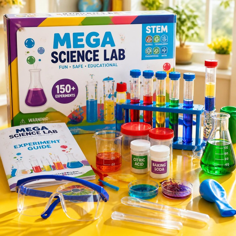 Mega Science Lab kit with test tubes, beakers, and safety goggles